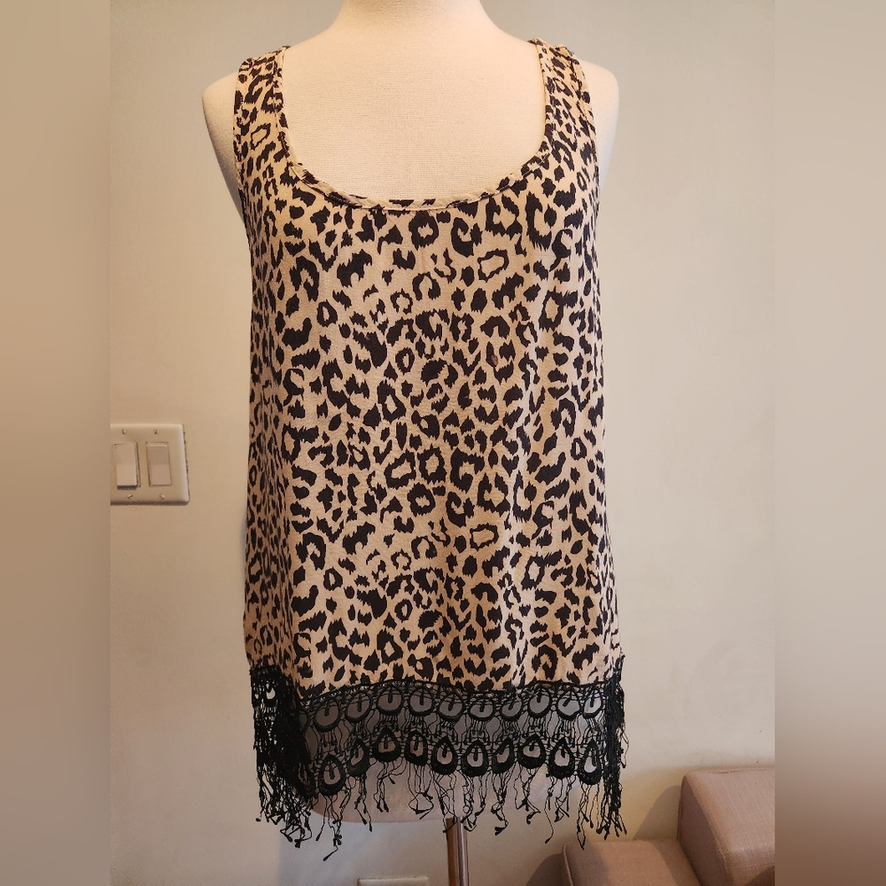 Blue Bird Leopard Print Top With Fringe Hem, Size L